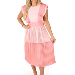 Emily Mccarthy Chloe Rose Petal Ruffle Pleated Short Sleeve Midi Dress S pink